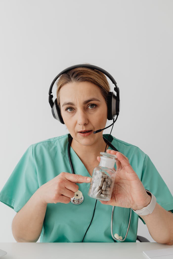 Medical professional in green scrubs holding medicine bottle during online consultation, highlighting telemedicine communication.